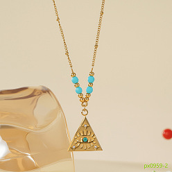 Треугольник 304 Подвеска-колье из нержавеющей стали с микропаве, кубическим цирконием и синтетической бирюзой, символизирующей «оберег от сглаза»., золотые, голубой, треугольные, 17.72 дюйм (45 см), Кулон : 30 мм