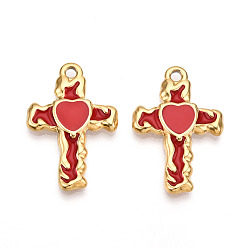 Красный 304 подвески из нержавеющей стали, с эмалью, крестик с сердечками, ионное покрытие (ip), реальный 18 k позолоченный, красные, 30x20x3 мм, отверстие : 2 мм