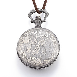 Antique Silver Carved Alloy Flat Round Pendant Necklace Quartz Pocket Watches, with Faux Suede, Antique Silver, 16.1‘’(41cm)
