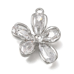 Platino Colgante de latón con circonitas cúbicas engastadas en cabujón, flor, Platino, 20x16.5x6 mm, agujero: 1.6 mm