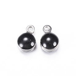 Black 304 Stainless Steel Enamel Charms, Enamelled Sequins, Flat Round, Black, 7x4.5x3mm, Hole: 1mm