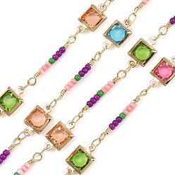 Золотой Латунные цепочки с квадратными звеньями, со стеклом, долговечный, стойки покрытие, без свинца и без кадмия, несварные, ручной работы из бисера цепи, золотые, 11.5x6.5x2 mm и 21x2 mm