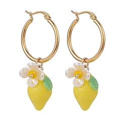 Amarillo Pendientes de aro colgantes de flor de perla de plástico abs con limón de resina, oro 304 joyas de acero inoxidable para mujer., amarillo, 46.5~47 mm, pin: 16x0.8~1.5x0.7 mm