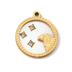 Aries 12 Constellations 304 Stainless Steel & Natural Shell & Rhinestone Pendants, Ion Plating(IP), Long-Lasting Plated, Aries Charm, 17x15x2mm, Hole: 1.5mm