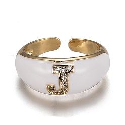 Letter J Brass Micro Pave Clear Cubic Zirconia Cuff Rings, Open Rings, with Enamel, Cadmium Free & Lead Free, Golden, Letter.J, US Size 7 1/4, Inner Diameter: 17.6mm