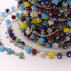 Разноцветный Ручной цепи стекло бисером, пайки, с катушкой, с латунной фурнитурой , красочный, 7x4 мм, около 32.8 футов (10 м) / рулон