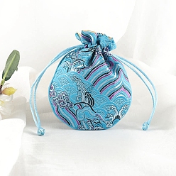 Темно-бирюзовый Шелковые сумки на шнурке, подарочная упаковка ювелирных изделий мешок для сережек упаковка браслета, плоско-круглые, темные бирюзовый, 12.5x10.5 см