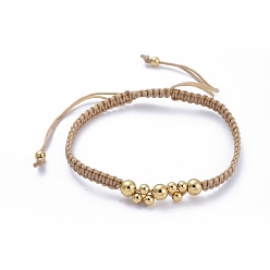 BurlyWood Adjustable Nylon Thread Braided Bead Bracelets, with Brass Round Beads, BurlyWood, Inner Diameter: 2-1/8 inch~3-1/2 inch(5.4~9cm)
