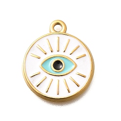 Белый Ионное покрытие (ip) 304 подвески из нержавеющей стали, с эмалью, плоский круглый с шармом в виде глаз, золотые, белые, 20x17x2 мм, отверстие : 1.6 мм