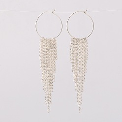 Silver Brass Charm Rings Tassel Dangle Hoop Earrings, with Iron Twisted Chains, Silver Color Plated, 92mm, Pin: 0.7mm