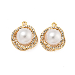 Настоящее золото 18K Латунные микро проложить кубического циркония подвески, с пластмассовой жемчужиной abs, цветок, реальный 18 k позолоченный, 18x15x11 мм, отверстие : 1.6 мм