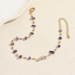Purple Beach Natural Fluorite Chip Beads Brass Anklets for Women, Golden, Purple, 10-7/8 inch(275mm)