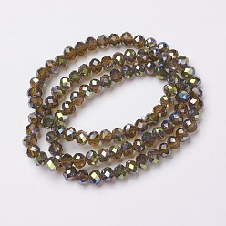 Coffee Electroplate Transparent Glass Beads Strands, Half Green Plated, Faceted, Rondelle, Coffee, 3x2mm, Hole: 0.8mm, about 150~155pcs/strand, 15~16 inch(38~40cm)