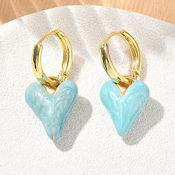 Himmelblau Ohrhänger aus Messing und Emaille für Damen, Herz, langlebig überzogen, Gestell, Bleifrei und cadmium frei, golden, Himmelblau, 27x12 mm