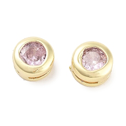 Pink Brass with Single Cubic Zirconia Slide Charms, Flat Round, Real 18K Gold Plated, Pink, 5.5x3.5mm, Hole: 3x0.6mm