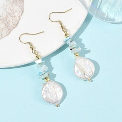 Larimar Natural Larimar Chip & Natural Keshi Pearl Dangle Earrings, Flat Round, Golden, 63x16~16.5mm