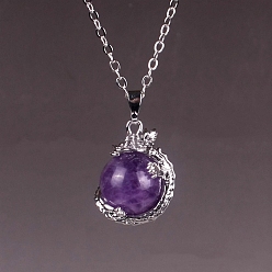Amethyst Natural Amethyst Round Ball Pendants, Sphere Charms with Metal Dragon Wrapped, Platinum, 16mm