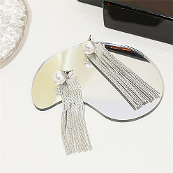 Platinum Brass Dangle Stud Earrings, Tassel Earrings, with Imitation Pearl Beads, Platinum, Pendants: 65x14.5mm