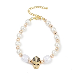 Кристалл Браслеты с подвесками из латуни с микропаве из кубического циркония, с abs имитационными жемчужными бусинами , без кадмия и без свинца, долговечный, реальный 18 k позолоченный, череп, кристалл, 7-1/4 дюйм (18.5 см)