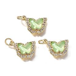Настоящее золото 18K Латунные микро проложить кубического циркония подвески, бантом, со стеклом и петлей, долгоиграющий, без свинца и без кадмия, с блеском порошок, граненые, светло-зеленый, реальный 18 k позолоченный, 10.5x15.5x4.5 мм, отверстие : 3 мм