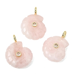 Розовый Кварц Резные подвески из натурального розового кварца, Подвески в форме раковины с латунными микропаве из прозрачных кубических цирконий., золотые, стойки покрытие, 34x25~26x10 мм, отверстие : 3.5 мм