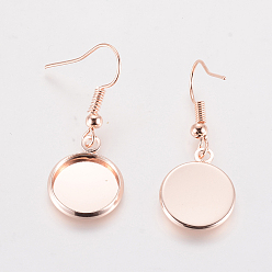Rose Gold Iron Earring Hooks, Ear Wire, with Blank Pendant Trays, Flat Round Setting for Cabochon, Rose Gold, Tray: 12mm, 34mm, Pin: 0.6mm, 10pcs/Bag