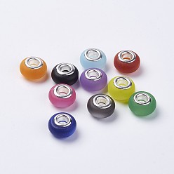 Mixed Color Resin European Beads, with Silver Color Plated Brass Double Cores, Imitation Cat Eye, Frosted, Rondelle, Mixed Color, 14x8.5mm, Hole: 5mm