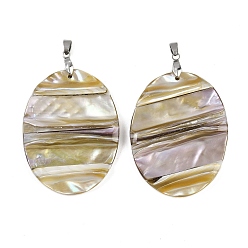 Oval Естественных пресноводных оболочки большие кулоны, с фурнитурой из сплава и нержавеющей стали, цвет нержавеющей стали, цвет морской раковины, овальные, 55x42x7 мм, отверстие : 5x3 мм