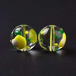 Lemon Transparent Glass Beads, with Enamel, Round, Yellow, Lemon Pattern, 14~15x13~13.5mm, Hole: 1.5~1.6mm