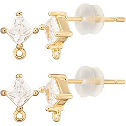 Настоящее золото 18K 4 пара латунных серег-гвоздиков с микропаве из кубического циркония, с петлей, с 8 силиконовыми ушными гайками, ромб, реальный 18 k позолоченный, 8.5x7 мм, отверстие : 1 мм, штифты : 0.8x11.5 мм