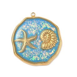 Темно-Голубой 304 подвески из нержавеющей стали, эпоксидной смолы, с натуральными ракушками и пайетками внутри, плоские круглые подвески в форме морских звезд и ракушек, реальный 18 k позолоченный, вакуумное покрытие pvd, глубокое синее небо, 28.5x26x3 мм, отверстие : 1.5 мм
