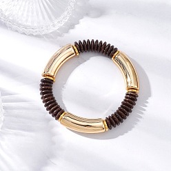 Кокосово-Коричневый Ccb пластиковые бисерные эластичные браслеты для женщин, трубка, с кокосом и латунью, кокосового коричневый, 3/8 дюйм (1.1 см), внутренний диаметр: 22 дюйм (56 см)