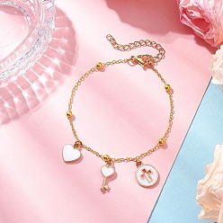 Белый Латунные плоские овальные кабельные цепные браслеты, сплав эмали подвески браслеты с подвесками для женщин, сердце и ключ и плоский круг с крестом, белые, 7-1/8 дюйм (18.1 см)