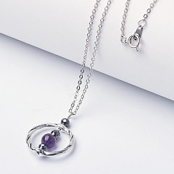 Amethyst Natural Amethyst Beads Pendant Necklaces, with Non-Magnetic Synthetic Hematite Beads and Brass Chain, 18.3 inch(46.5cm)