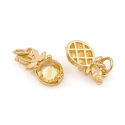 Real 18K Gold Plated Brass Micro Pave Cubic Zirconia Charms, with Jump Ring, Pineapple, Yellow, Real 18K Gold Plated, 10.5x6x3.5mm, Jump Ring: 4x0.6mm, Hole: 2.5mm