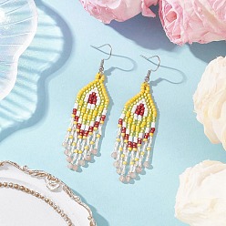 Желтый Серьги-подвески из натурального солнечного камня в форме ромба, с цилиндрическим бисером и стеклянным витым стеклярусом, платина, желтые, 72x17 мм