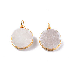 Druzy Agate Natural Druzy Agate Pendants, with Light Gold Plated Brass Findings, Flat Round Charm, 19x13x7~8mm, Hole: 2mm