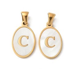 Letter C Натуральный ракушечный овал с инициалами, с 304 установками из нержавеющей стали, ионное покрытие (ip), реальный 18 k позолоченный, белые, буква С, 21x13x2 мм, отверстие : 3.5x5 мм