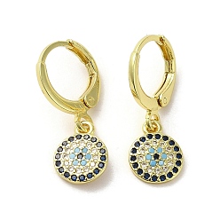 Flat Round Real 18K Gold Plated Brass Dangle Leverback Earrings, with Cubic Zirconia, Flat Round, 23x8mm
