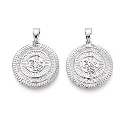 Платинированный Подвески из латуни с прозрачным фианитом, плоские круглые прелести, Реальная платина, 26x23x4 мм, отверстие : 6x4 мм