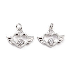 Платина Латунные микропаве прозрачные подвески с фианитом, с прыжковых колец, долговечный, без кадмия и без свинца, сердце с крыльями, платина, 11x14x3 мм, отверстие : 2.6 мм