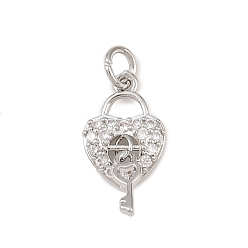 Платина Латунные микро проложить кубического циркония прелести, сердечный замок с ключом, без кадмия и без свинца, стойки покрытие, долговечный, с целью перехода в кольце, платина, 14x9.5x2.5 мм, отверстие : 3.4 мм