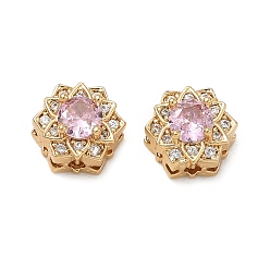 Pearl Pink Brass Micro Pave Cubic Zirconia Multi-Strand Links, Hexagon with Flower, Real 18K Gold Plated, Pearl Pink, 9.5x10x7mm, Hole: 1.6mm