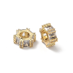 Настоящее золото 18K Шестиугольные латунные прозрачные кубические циркониевые европейские бусины, рондель, бусина с большим отверстием, без кадмия и без свинца, стойки покрытие, долговечный, реальный 18 k позолоченный, 11x4 мм, отверстие : 4.5 мм