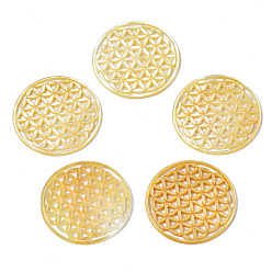 Yellow Natural Shell Filigree Joiners Links, Hollow, Flat Round, Yellow, 30x1.5~2mm