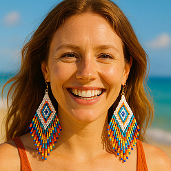 Разноцветный Серьги-подвески из ромбического стеклянного бисера ручной работы, золотые, красочный, 105x33 мм