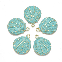 Medium Aquamarine Spray Painted Alloy Pendants, Scallop, Light Gold, Medium Aquamarine, 30x24x5mm, Hole: 2.5mm