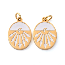 Белый 304 подвеска из эмали из нержавеющей стали, овал с подвеской в виде солнца и луны, с целью перехода в кольце, ионное покрытие (ip), реальный 18 k позолоченный, белые, 14x9.5x1.5 мм, отверстие : 2.5 мм