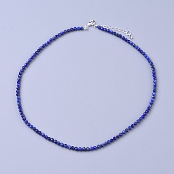 Lapis Lazuli Natural Lapis Lazuli Beaded Necklaces, with Brass Lobster Claw Clasps, Faceted Round Beads, 16.5 inch~16.7 inch(42~42.5cm)x3~3.5mm