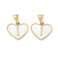 Letter I 304 сердце из натуральной белой ракушки из нержавеющей стали с подвесками в виде инициалов, ионное покрытие (ip), золотые, Буква "i", 14x16x2 мм, отверстие : 4.5x3 мм